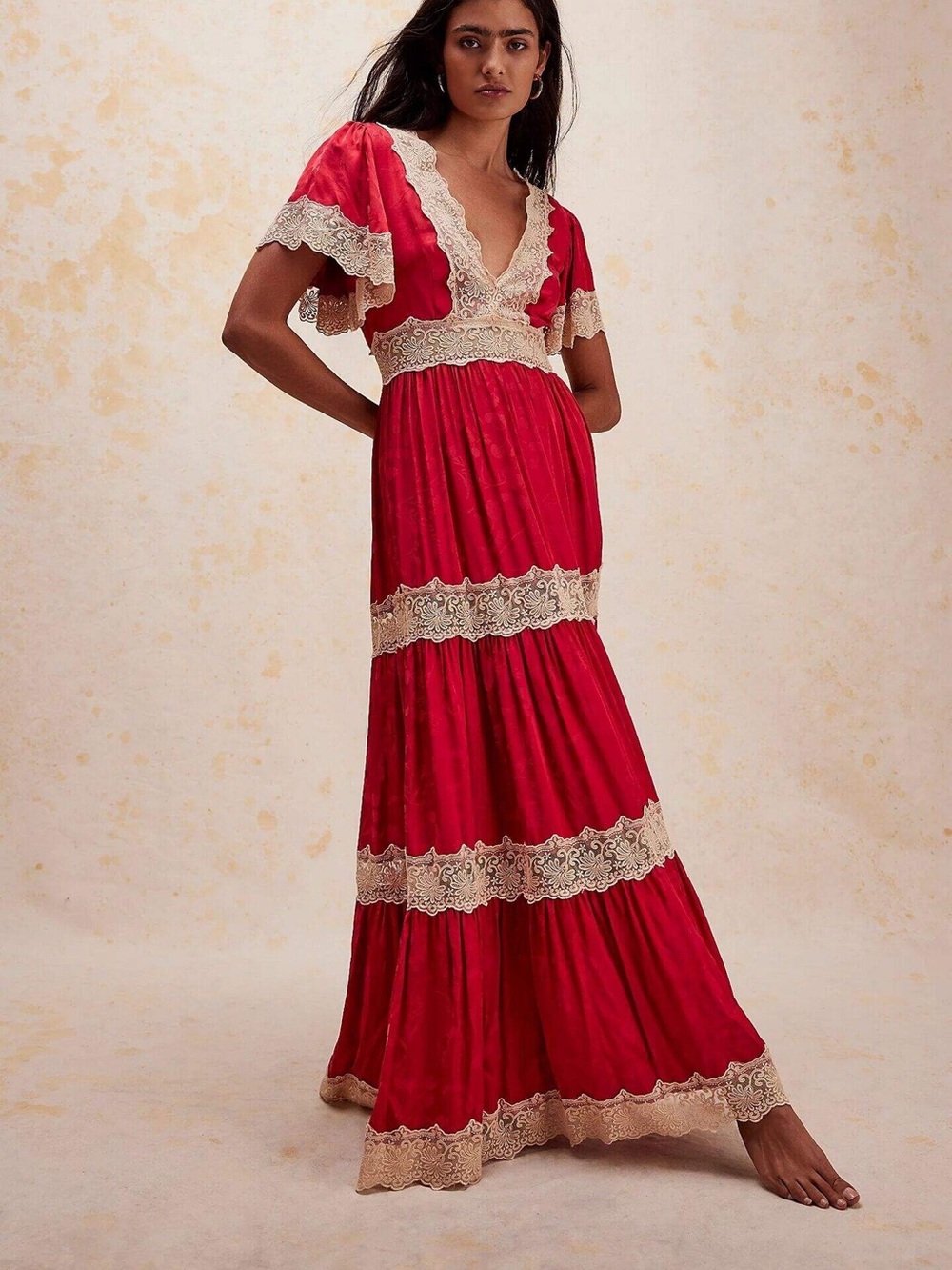 Spell Red Maxi Dress with Cream Lace Trim
